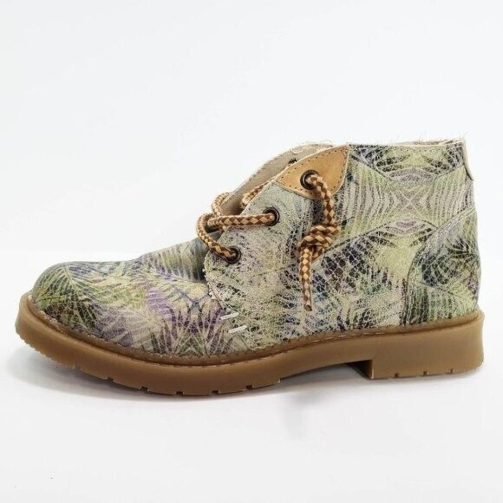 COOLWAY WOMEN'S SIZE 7/ 37 GREEN LEAF PRINT SOFT CANVAS LACE TIE ANKLE BOOTS